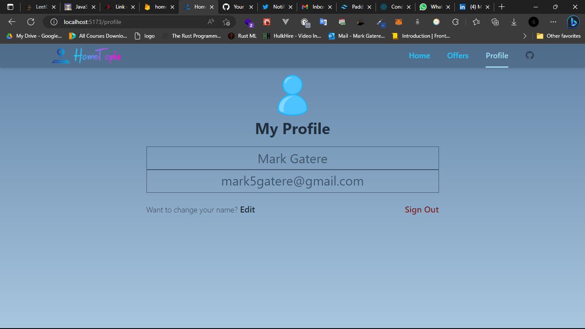 Yester-Today, I linked the Sign In, Sign Up and Forgot Password sections with Firebase auth and firestore DB and created the profile page for the user Signed In HomeTopia 🚀

#100DaysOfCode 
#100daysofcodechallenge 
#ReactJS 
#firebase