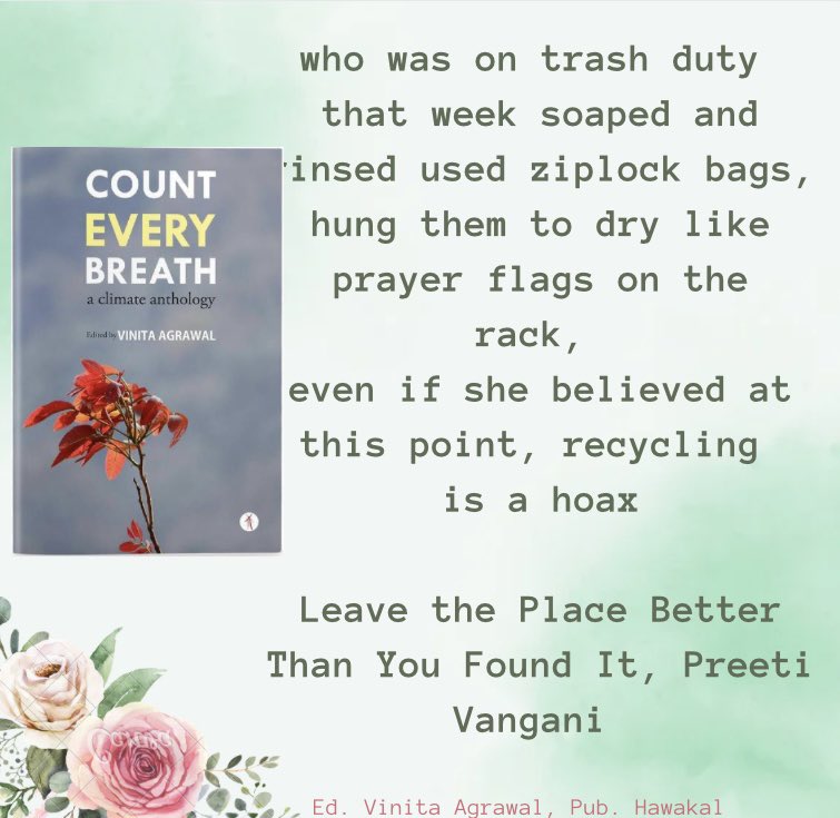 Preeti Vangani’s disturbingly ‘real’ poem from Count Every Breath is remarkably memorable. #climateanthology #ecopoetry #ecopoetics #counteverybreath #prokashona #hawakal #poetry #poems #literaryactivism #globalanthology #earthpoems 
@Pscripturient