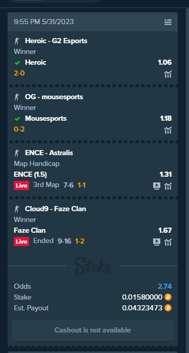 Cs go parlay hits. 3 out 4 sessions W's.....

#IEM #IEMDallas #CSGO #bettingtips #bettingexpert #bettingtwitter #KickStreamers #KickStreaming #Rdto1btc #bettingpicks