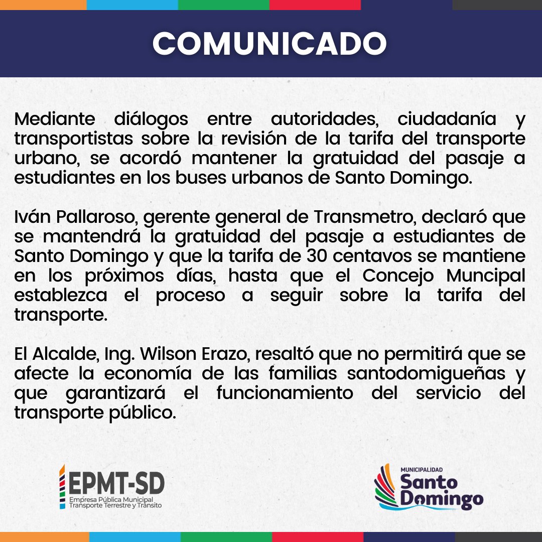 EPMTransporte's tweet image. #Comunicado🚨
Mediante diálogos entre autoridades, ciudadanía y transportistas sobre la revisión de la tarifa del transporte urbano, se acordó mantener la gratuidad del pasaje a estudiantes en los buses urbanos de Santo Domingo.
#SomosCiudad
#SantoDomingoEsEcuador