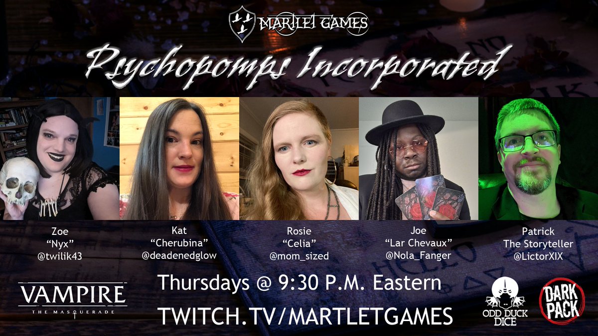Tomorrow night is episode 3 of Psychopomps Incorporated, and we think it's time to check in with @Nola_Fanger to see what Lar Chevaux has been up to in the Shadowlands. Twitch.tv/martletgames at 9:30 p.m. eastern, #vamily! #vampirethemasquerade