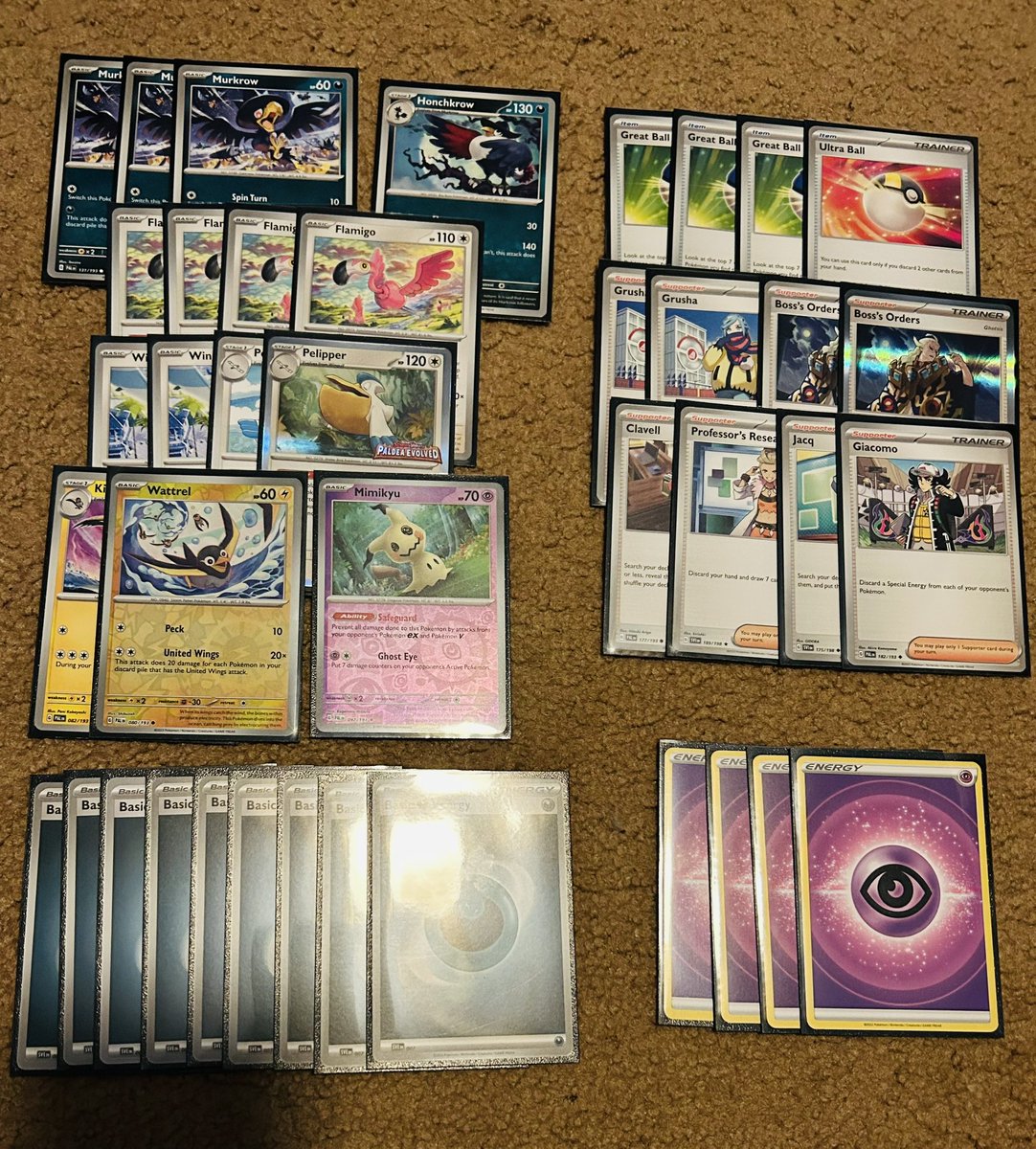 I went 3-0 in my Paldea Evolved prerelease! My promo was Pelipper and I got the United Wings half kit with it, so I played BIRDS. Opening the Wattrel made bird math way better, and opening a second Boss’s Orders was crazy too. I even used the Honchkrow!