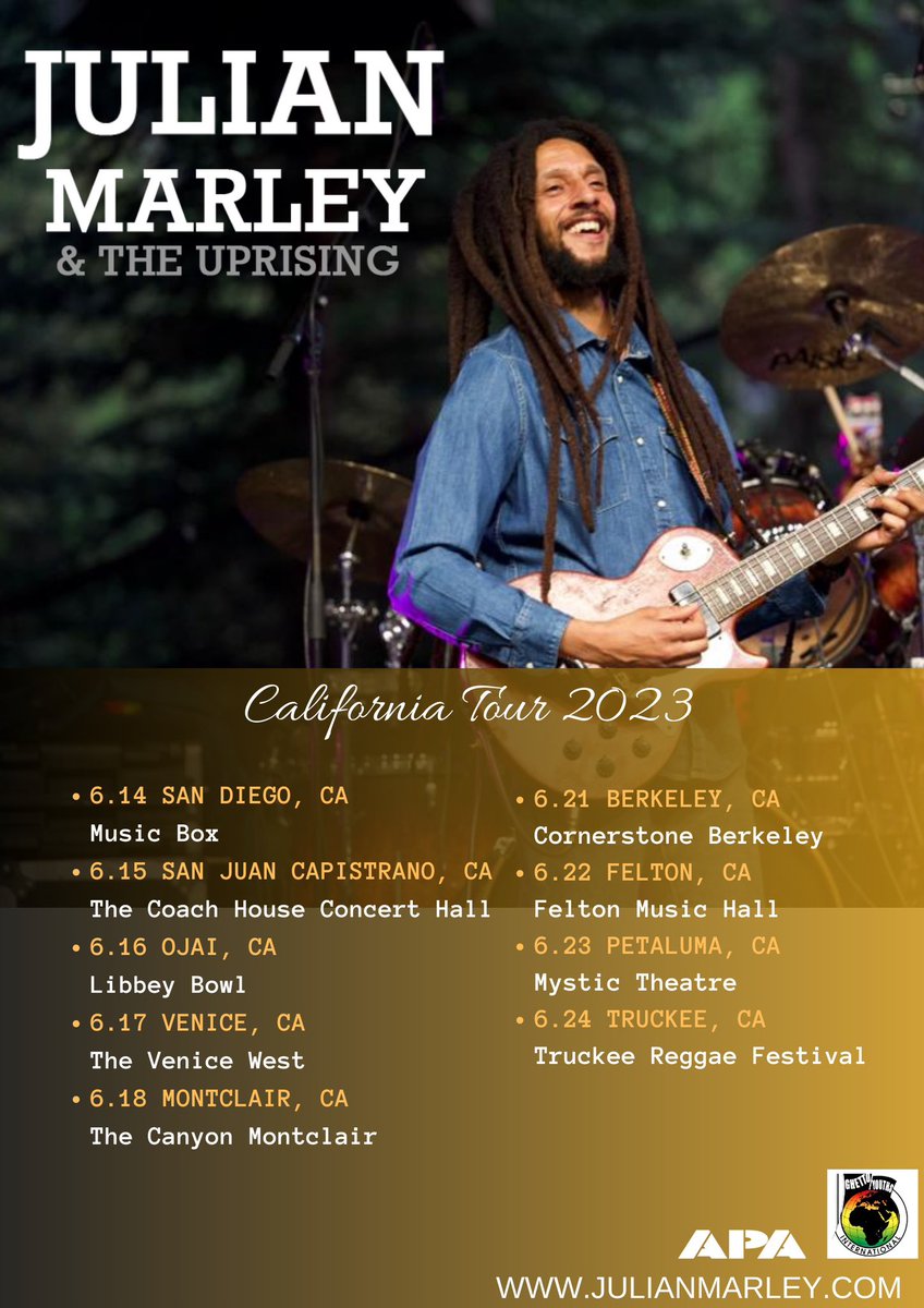 JulianMarley's tweet photo. Greetings People,

I am thrilled to announce that I will be touring California with my band The Uprising and I cannot wait to bring our reggae vibes to all of you!

Let's come together and celebrate
Reggae music.

One Love,

Julian Marley

Ticket Link: https://t.co/c6rcVg4zFl https://t.co/1Q9cSbHXug