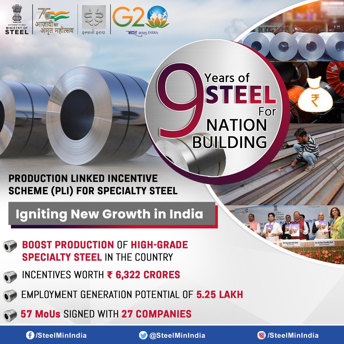 SteelMinIndia's tweet photo. #9YearsofImpact: the #PLIScheme has played an instrumental role in nation-building. It has propelled India's steel sector forward, fueling growth & fostering innovation.🇮🇳✨
#9YearsOfSeva #9SaalBemisaal #SteelForNationBuilding #SteelGrowthStory #AtmanirbharBharat #IspatiIrada https://t.co/VBL6eydDuH
