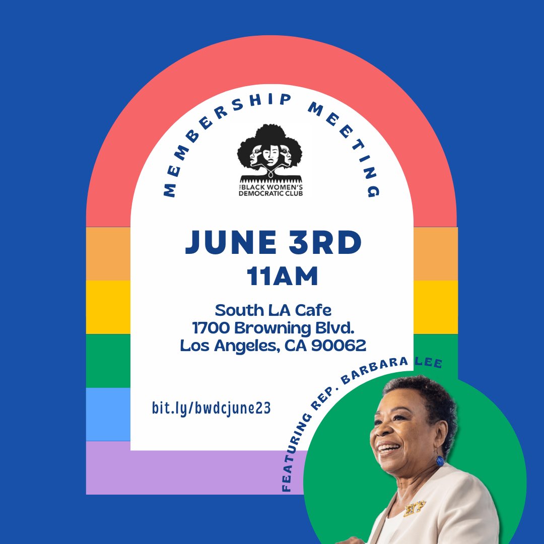 Add it to your calendar! June's Membership Meeting will feature @BarbaraLeeForCA. We'll talk about her run for the US Senate. Plus club business. All members are encouraged to attend and contribute to this conversation. See you on June 3! RSVP: bit.ly/bwdcjune23