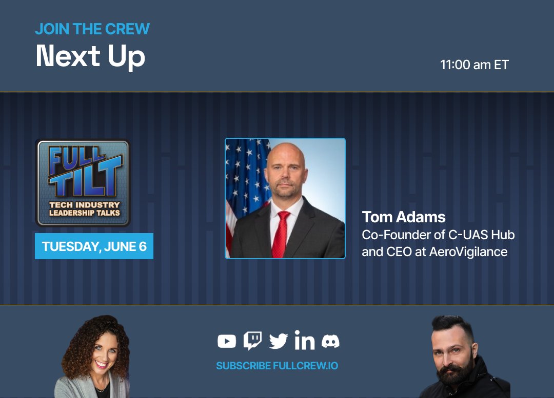 ⏭️ Next up:🎙️The Full TILT leadership podcast, special guest Tom Adams, CEO of AeroVigilance and Co-Creator of @C_UAS_Hub.

🔗youtube.com/live/p-8joCrlx…

#FullCrew #FullTILT
