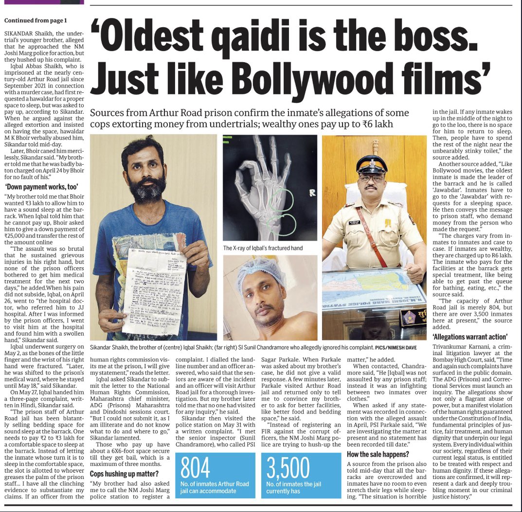 #EXCLUSIVE: At #ArthurRoad jail, some crooked officers are getting rich by selling sleeping space to inmates at Rs 3 lakh per head, alleged an undertrial who landed in hospital with a broken hand after resisting their dadagiri. Mumbai’s MOST EXPENSIVE BED

mid-day.com/amp/mumbai/mum…