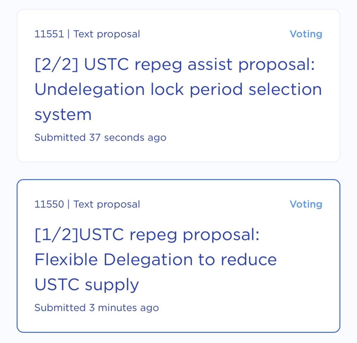 I have submitted the repeg proposal (#11550) and the repeg assist proposal (#11551)
Please YES vote to make the repeg a success!

#11548 by @luncburnarmy 
Please YES vote "USTC test environment" too!

#LUNC #USTC #TerraClassic