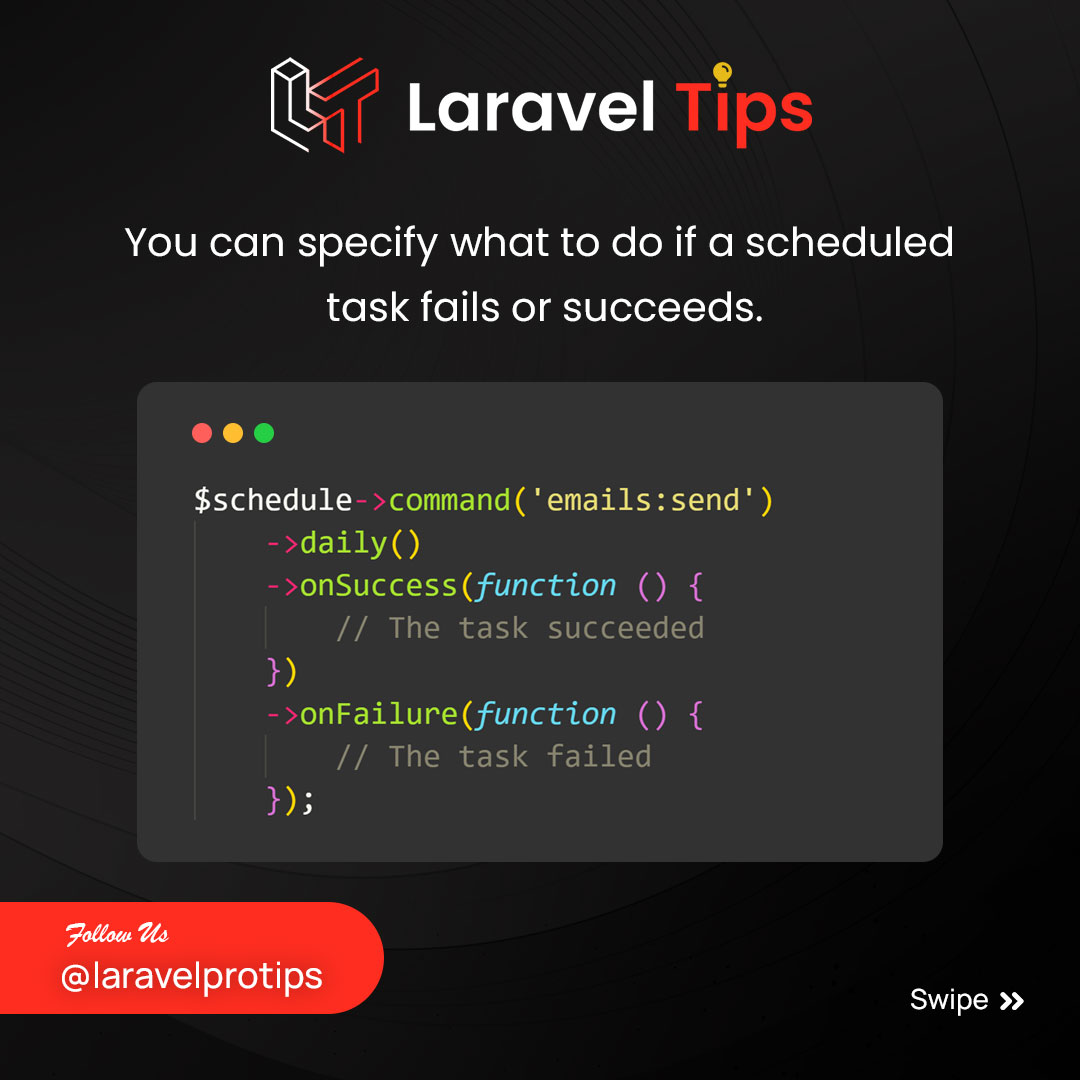 laravel_protips's tweet image. Are you keeping track of your Laravel scheduled tasks? 🤔💭 Learn what to do when a task fails or succeeds with our expert tips and best practices. 🔍💻
.
#webdev #laravel #Tips #webdevelopment #codinglife #coder #php #Backend #code #jquery #js #software #coding #developers