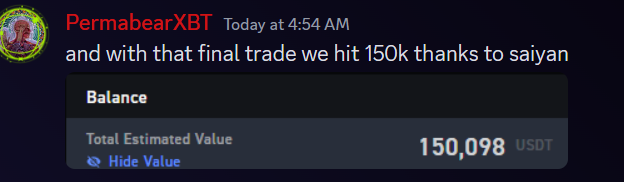 permabearXBT's tweet image. [HUGE GIVEAWAY] 

🔥150K ACHIEVED ON THE 2K - 1MIL CHALLENGE 🔥

📷as a token of appreciation I am giving away another lifetime free membership of the group worth at least a few thousand.  📷

 RULES: just RT &amp;amp; Like 

final trade was taken by @SaiyanpXBT