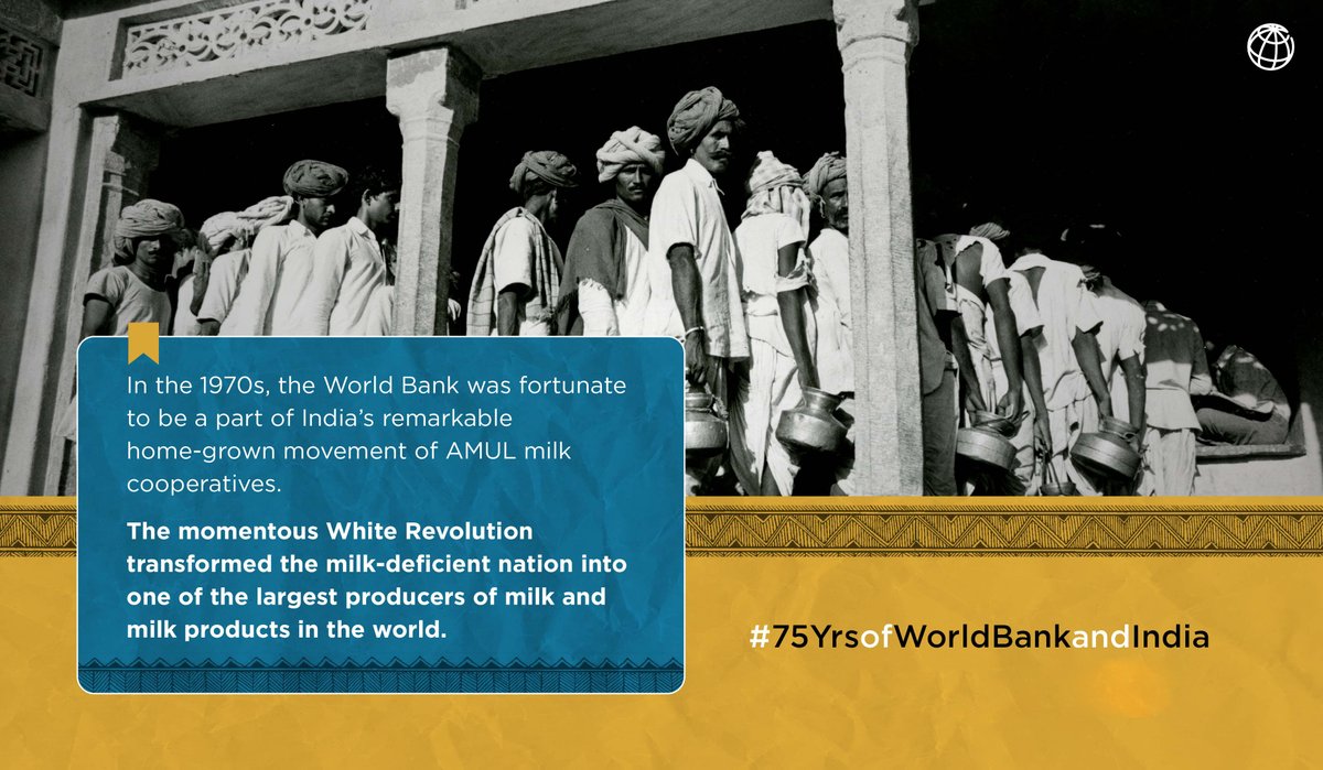 In the 1970s, the @WorldBank supported home-grown #AMUL milk cooperatives. The momentous #WhiteRevolution transformed #India - a milk-deficient nation into one of the world's largest producers of milk & milk products.

📖 wrld.bg/c1gz50OAr8r  
🏦  #IndiaAt75 #WorldMilkDay🥛