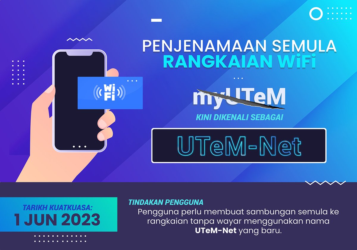 cdo_utem's tweet photo. Penjenamaan Semula Rangkaian WiFi myUTeM

Adalah dimaklumkan bahawa sambungan rangkaian tanpa wayar (WiFi) “myUTeM” akan ditukar kepada nama baharu iaitu “UTeM-Net”. Sambungan rangkaian tanpa wayar (WiFi) yang menggunakan nama “myUTeM” akan ditamatkan bermula 31 Mei 2023. https://t.co/lPMj2c9Xc8