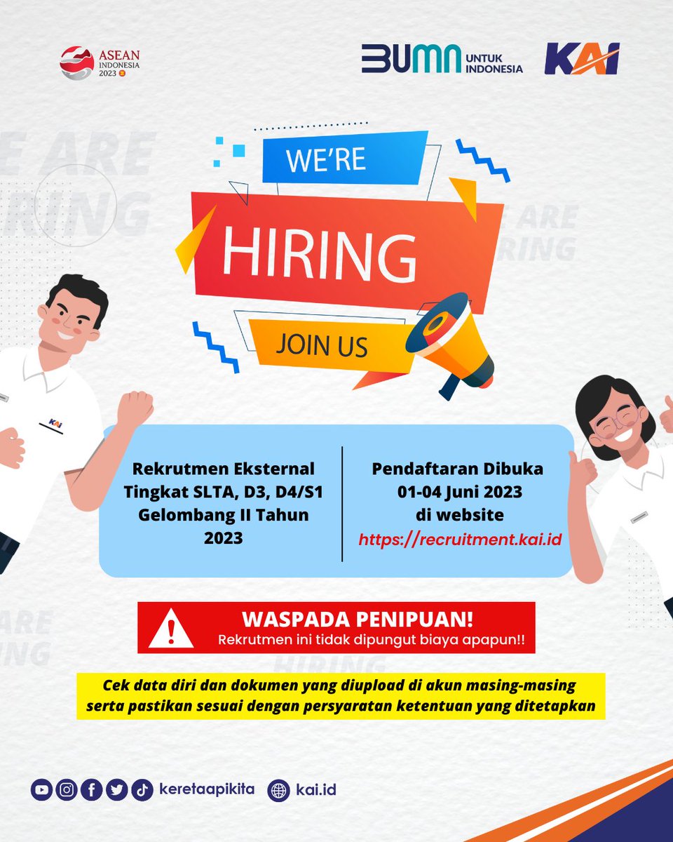 PT Kereta Api Indonesia (Persero) saat ini sedang membuka rekrutmen untuk formasi Operasional, Pemeliharaan Sarana-Prasarana, dan Teknologi Informasi. Masyarakat yang ingin melamar dapat melakukan pendaftaran mulai 1 s.d 4 Juni 2023.

Selengkapnya: kai.id/information/fu…