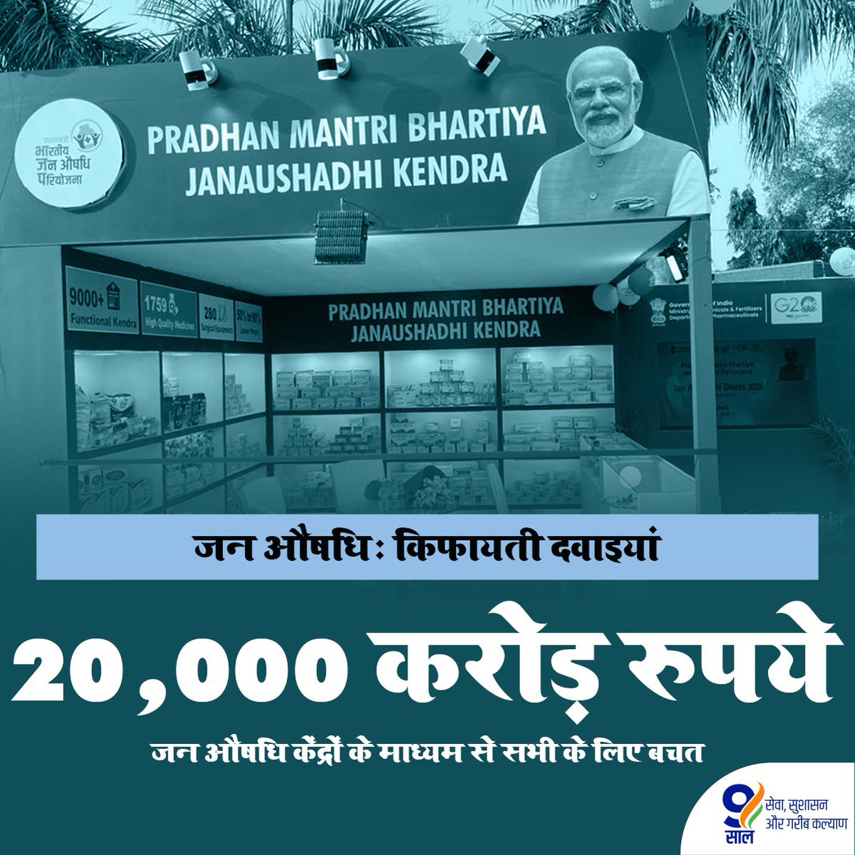 BJP4India's tweet photo. जनता को सुविधा मिली
देश की बचत बढ़ी

जन औषधि केंद्रों पर सस्ती दवाओं की उपलब्धता से देश के आम जन को हुई 20 हजार करोड़ रुपये से अधिक की बचत जबकि उज्ज्वला योजना में शामिल फ़र्ज़ी कनेक्शनों की छंटाई से 71,301 करोड़ रुपये बचाए गए।

#9YearsOfGaribKalyan https://t.co/LjJgBGKJ7A