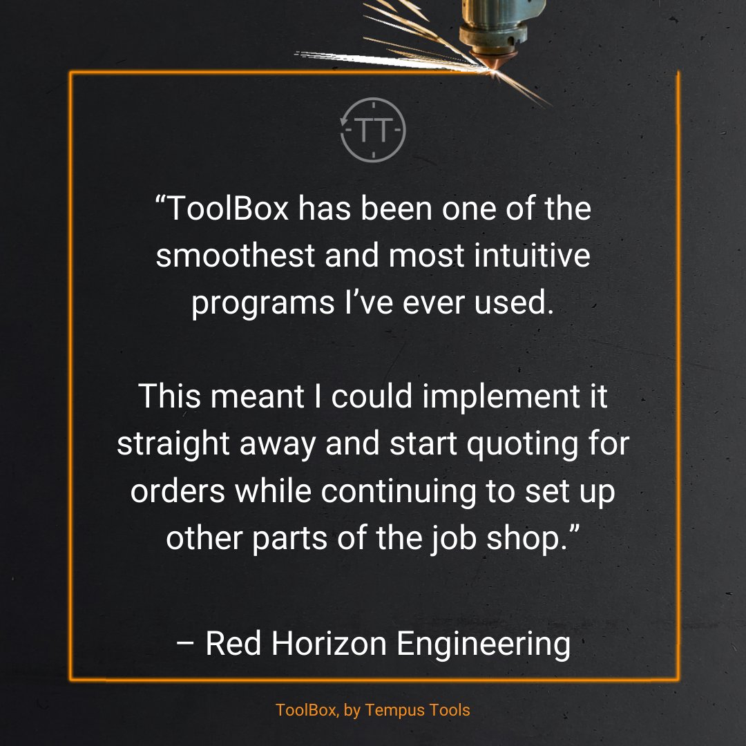 TempusTools's tweet image. We love hearing feedback like this from our valued customers! 🙌

Red Horizon Engineering found success with our ToolBox laser cutting quoting software, streamlining their processes and staying ahead of the competition. 💪

#testimonial #reviews #laser #quoting