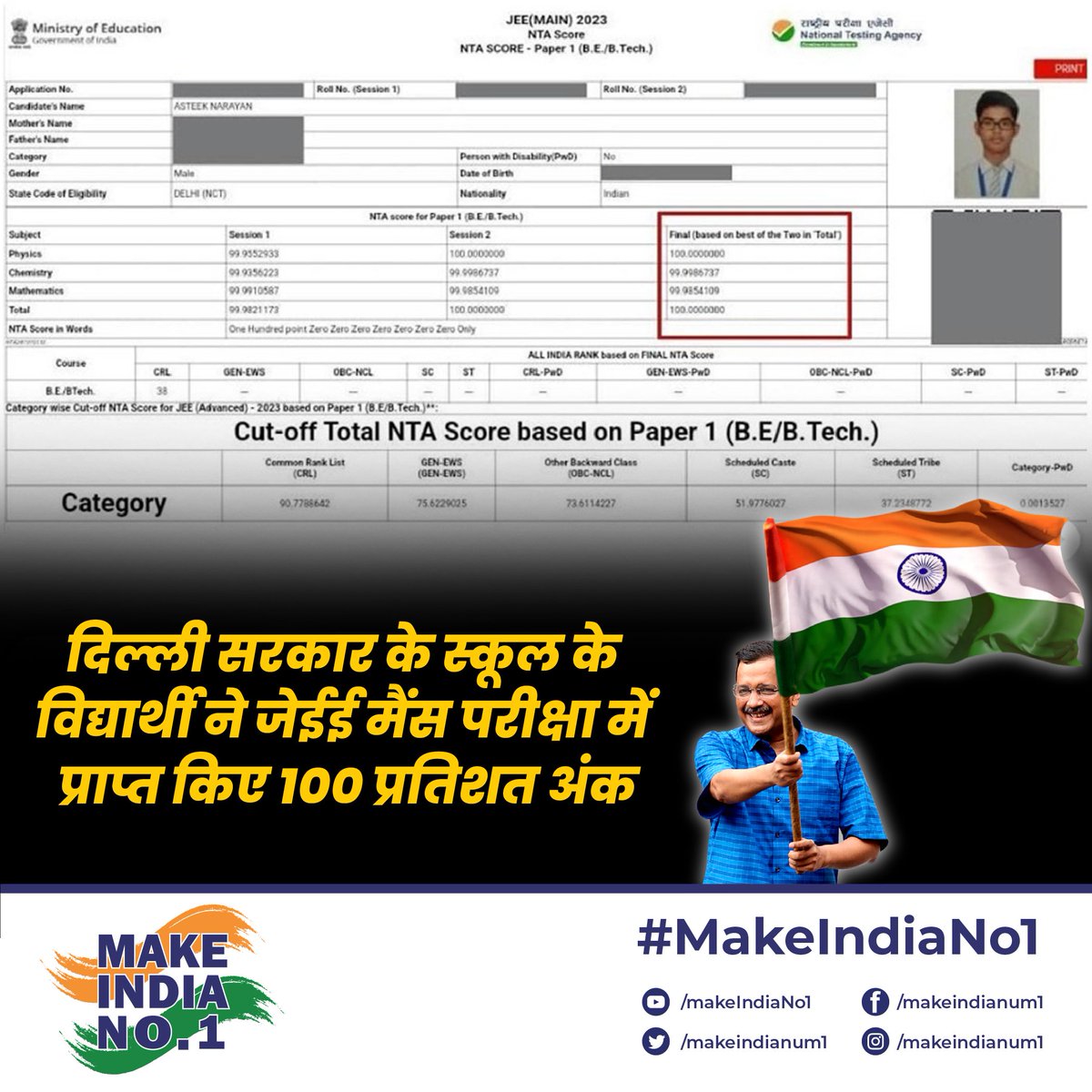 makeindianum1's tweet photo. दिल्ली के सरकारी स्कूल से जेईई मैन्स टॉपर!
अतीक नारायण का 100 परसेंटाइल स्कोर दिल्ली के सरकारी स्कूलों में किये गए शानदार बदलावों को दिखाता है। दिल्ली सरकार द्वारा प्रतिबद्धता के साथ काम करने के कारण ही विद्यार्थी अपनी असली क्षमता को दिखा पा रहे हैं।

#MakeIndiaNo1 🇮🇳 https://t.co/VpWhwg8ZBt