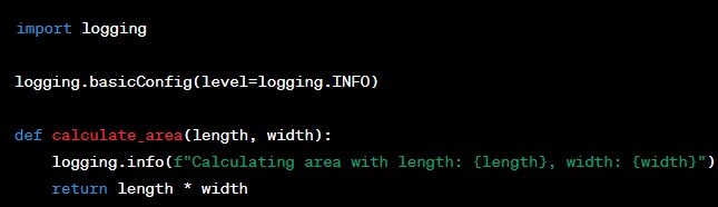 TechByteIQ's tweet image. 23/50 Code sample: ๐ฅ๏ธ
Demonstrates logging a message using the 'logging' module to track the calculation of the area. ๐๐ #LoggingExample #TestingAndDebugging