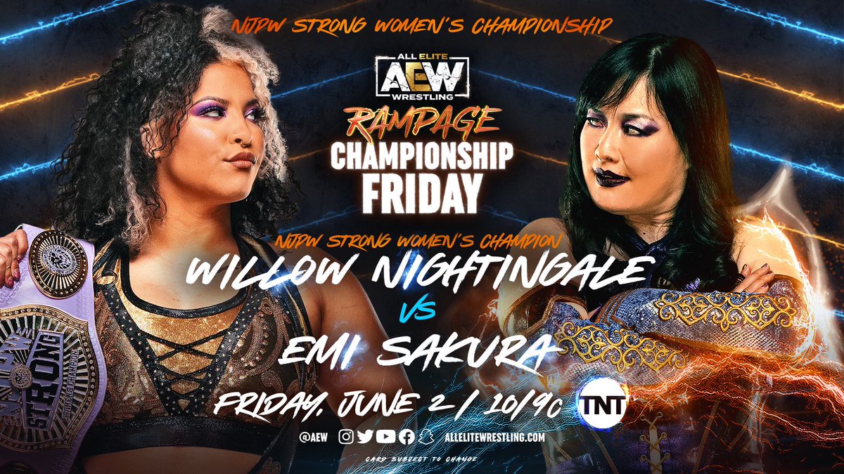 TonyKhan's tweet photo. This Friday, 6/2
#AEWRampage
10pm ET/9pm CT

Championship Friday!
One of the best lineups in Rampage history with 4 title matches!

AAA Mega Title
Vikingo/Dralistico/Komander
NJPW Strong Women's Title
Willow/Sakura
ROH Pure Title
Shibata/Moriarty
NJPW World TV Title
ZSJ/Andretti https://t.co/i8TqV7lnks