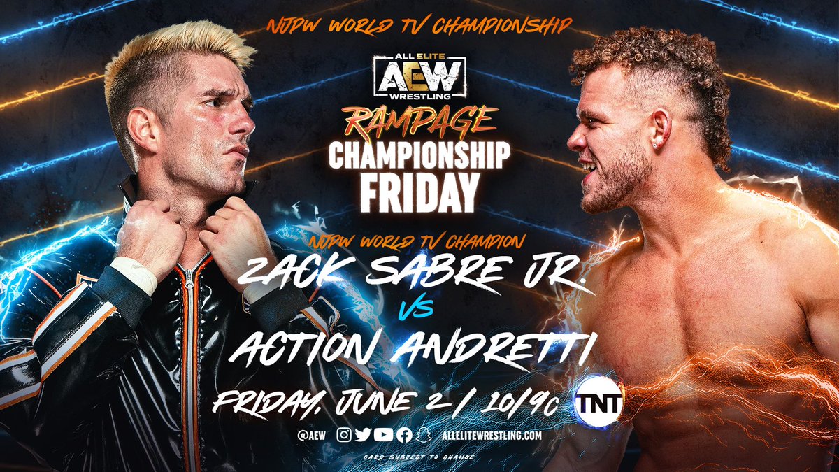 TonyKhan's tweet photo. This Friday, 6/2
#AEWRampage
10pm ET/9pm CT

Championship Friday!
One of the best lineups in Rampage history with 4 title matches!

AAA Mega Title
Vikingo/Dralistico/Komander
NJPW Strong Women's Title
Willow/Sakura
ROH Pure Title
Shibata/Moriarty
NJPW World TV Title
ZSJ/Andretti https://t.co/i8TqV7lnks