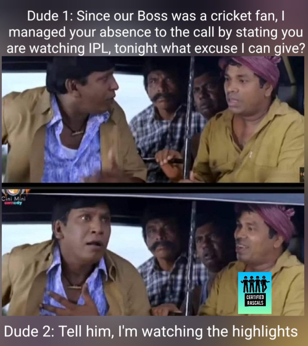 #CERTIFIEDRASCALSMEMES #CERTIFIEDRASCALS #ITMEMES #CORPORATEMEMES #INDIANITMEMES #WFH #OFFICE #ENJOY #Msd #Csk #Ipl #Cricket #CricketTwitter #Iplmemes #Cricketmemes #Sports #Sportsmemes