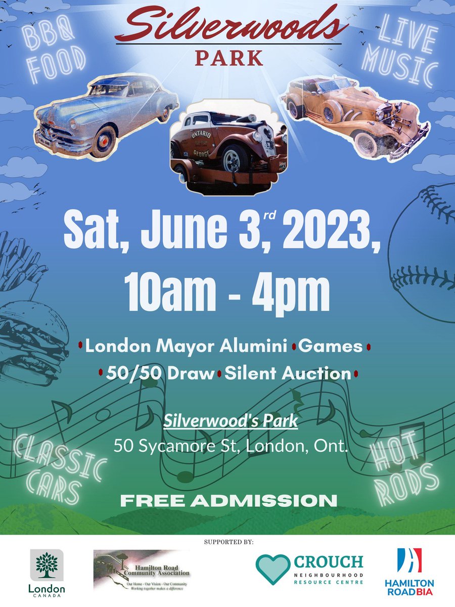 Craving for the summer heats and beats?
Come out for a great day at Silverwoods
Park. BBQ, Classic Cars!, Hot Rods, and Live Music.
10am through 4pm on Saturday June 3rd 2023!
You don't want to miss this! Free admission!
@HamiltonRoadBIA @CityofLdnOnt @CrouchNrc
#Ward1 #LdnOnt