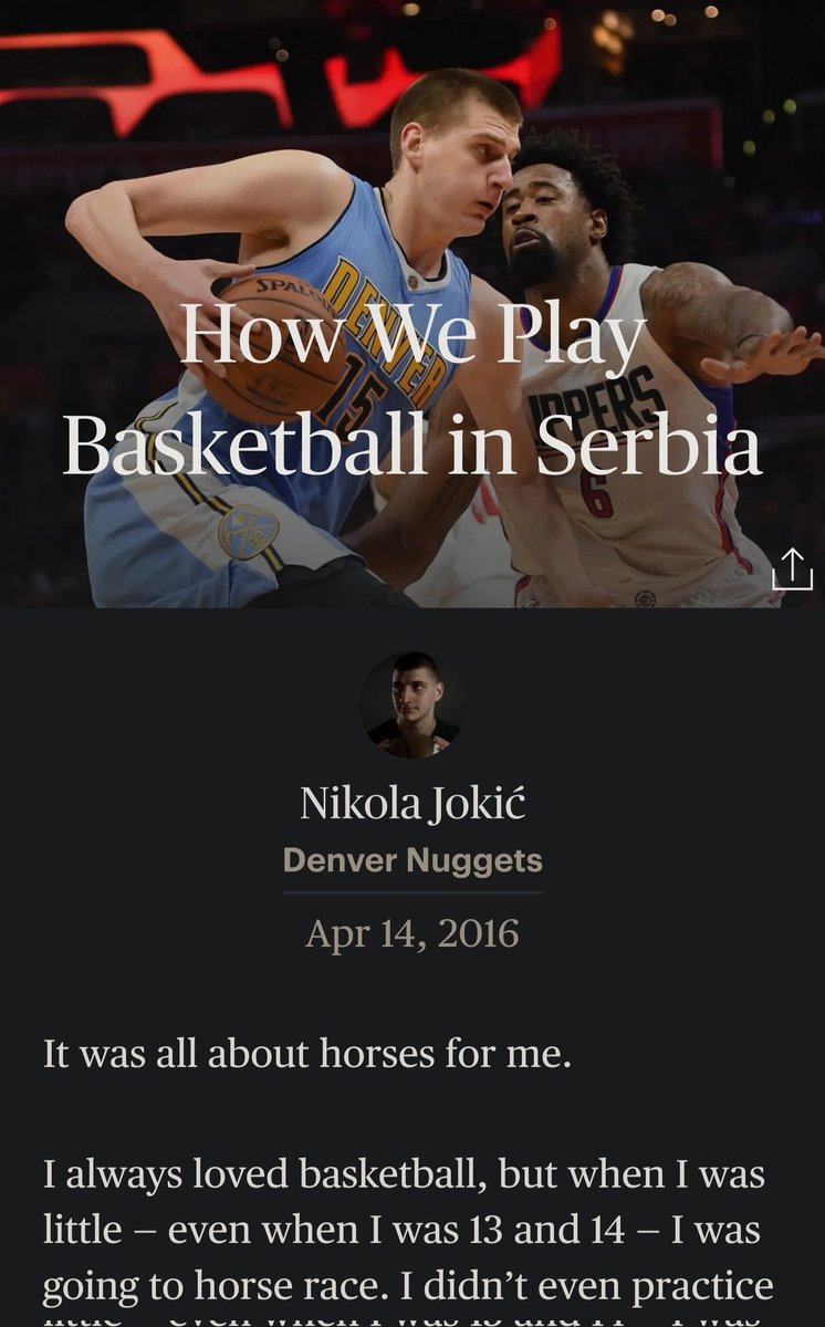 Amazing.

Nikola Jokic wrote a Player's Tribune article.

And it has the most Jokic lede that's possibly imaginable.

🔗theplayerstribune.com/articles/nikol…

(Great find I believe by <a href="/zachgotlieb/">Zach</a>, who brought it to my attention.)