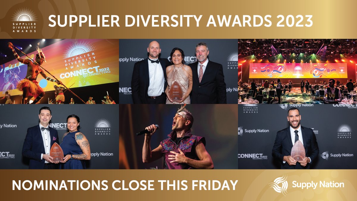 This is your last chance to nominate for a #SupplierDiversityAward2023! Celebrate your achievements at Australia’s leading supplier diversity event - hosted by @NareldaJacobs10 and Luke Carroll! Nominations close Friday 2 June 11:59pm: bit.ly/3JUBei8