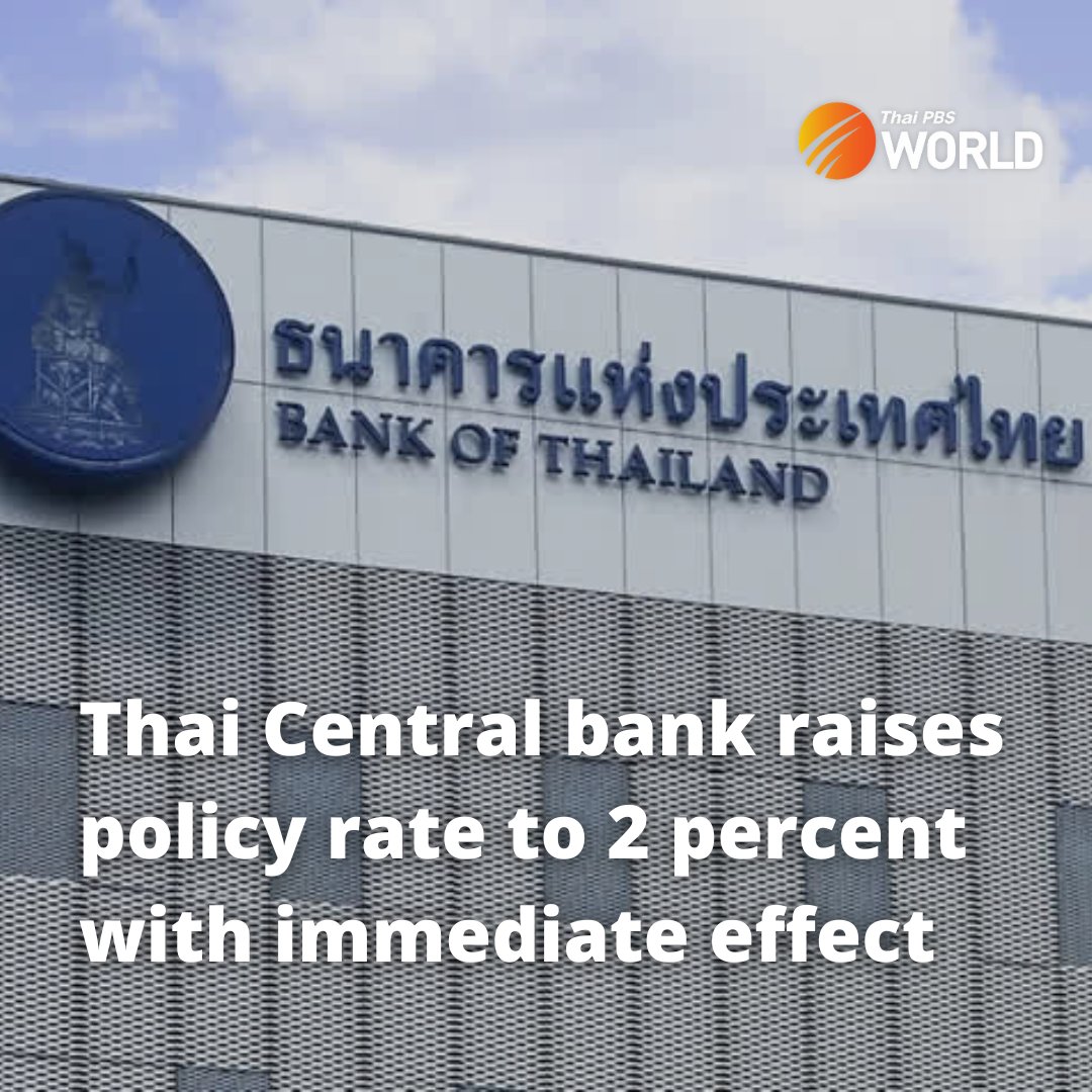 The Bank of Thailand’s monetary policy committee unanimously voted on Wednesday to increase the policy rate by 0.25 percentage point to 2%, with immediate effect.

thaipbsworld.com/thai-central-b…

#ThaiPBSWorld #ThailandNews
