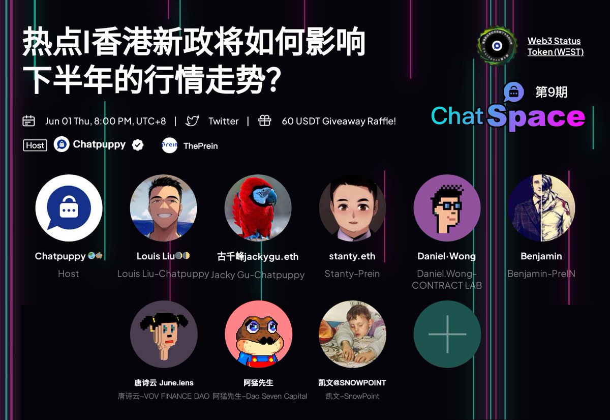 chatpuppynft's tweet photo. 🔥ChatSpace第9期预告🔥
🍀主题：热点I香港新政将如何影响下半年行情走势？

⏰Time：2023/6/1  20:00-22:30（UTC+8)

❤️Host：@chatpuppynft @theprein 

🍀 Speaker: 
@jackygu2020 
@StantyIBG 
@WongxiaoDaniel 
@benjaminbao2047 
@June_tsy 
@amengsir2022 
@KEVIN8SNOWPOINT https://t.co/iWadbLerHT