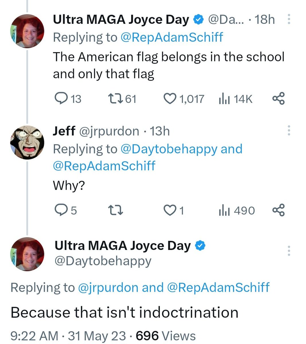 This just in from the #MAGAmoron side:  Forcing kids to pledge allegiance (which they are lucky to say, let alone understand) to a flag is somehow NOT indoctrination, but displaying a #Pride flag somehow is.