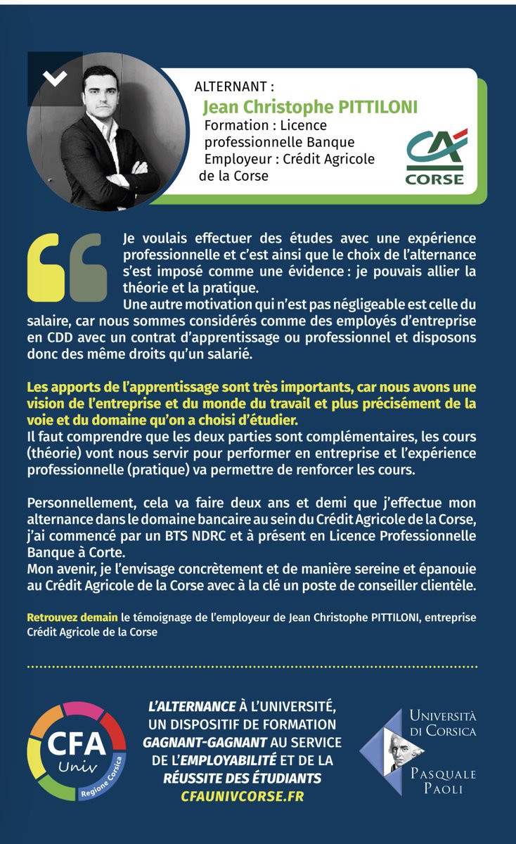 samprasrafter's tweet image. L’alternance à l’ @UnivCorse et l’exemple d’un projet professionnel abouti grâce à la dualité d’une formation théorique et pratique @cfaunivcorse