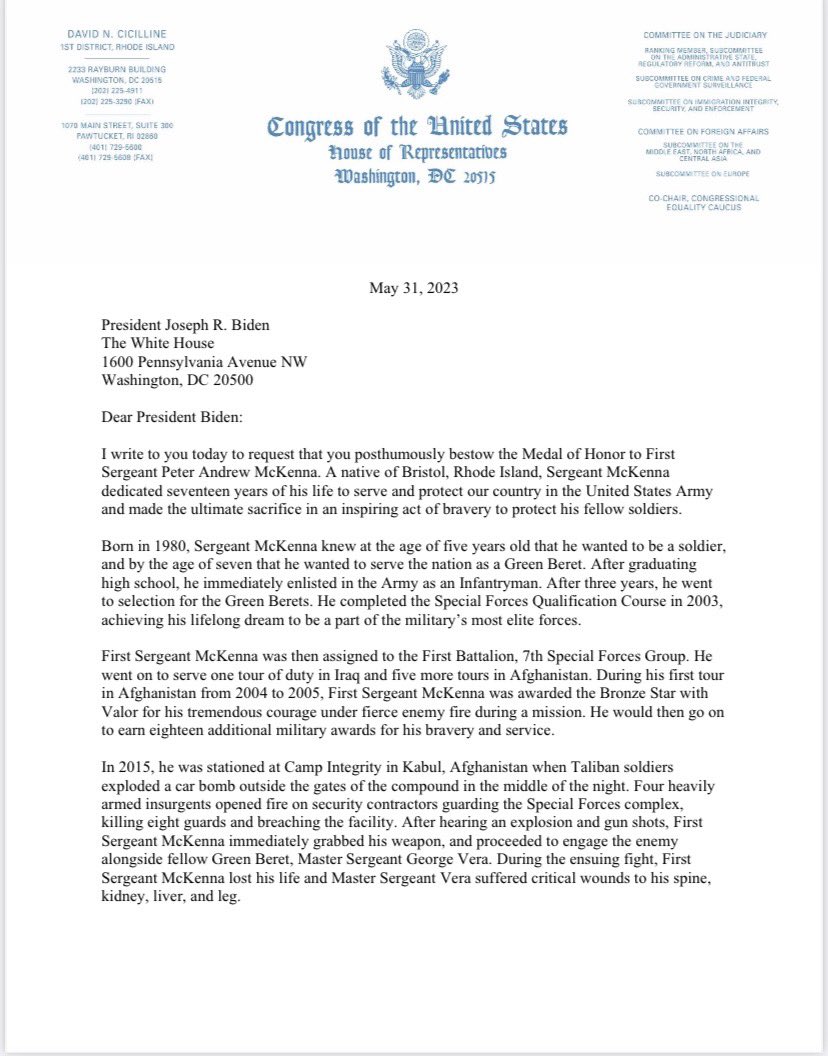 RepCicilline's tweet photo. My last letter as a Member of Congress was sent to @POTUS tonight, urging him to award the Medal of Honor posthumously to Rhode Islander First Sergeant Peter Andrew McKenna. 

He is a true American hero who embodied the very best of our country and our shared American values. https://t.co/8UJFnJbejY