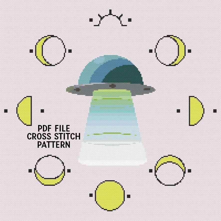 my #etsy shop: Ufo Moon Phases Cross Stitch Pattern PDF ONLY Embroidery Pattern 200x200 Stitch DIY Celestial Space Extraterrestrial Luna Lunar Cycle Green etsy.me/3N73dN0 #birthday #halloween #crossstitch #crossstitchpattern #pdfpattern #embroiderypattern #cros