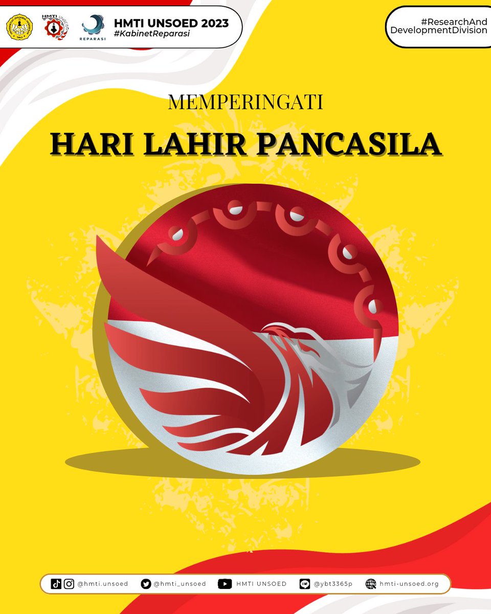 HMTI_Unsoed's tweet image. [HARI LAHIR PANCASILA]

Selamat Hari Lahir Pancasila 1 Juni 2023. Lewat Pancasila, kita yang terdiri berbagai suku, budaya, bahasa, dan agama dapat bersatu dalam satu atap, Indonesia.

—————
HMTI UNSOED 2023
—————
#KabinetReparasi
#SalamUnity
#JayaJayaKorsa
#HMTIUnsoed2023