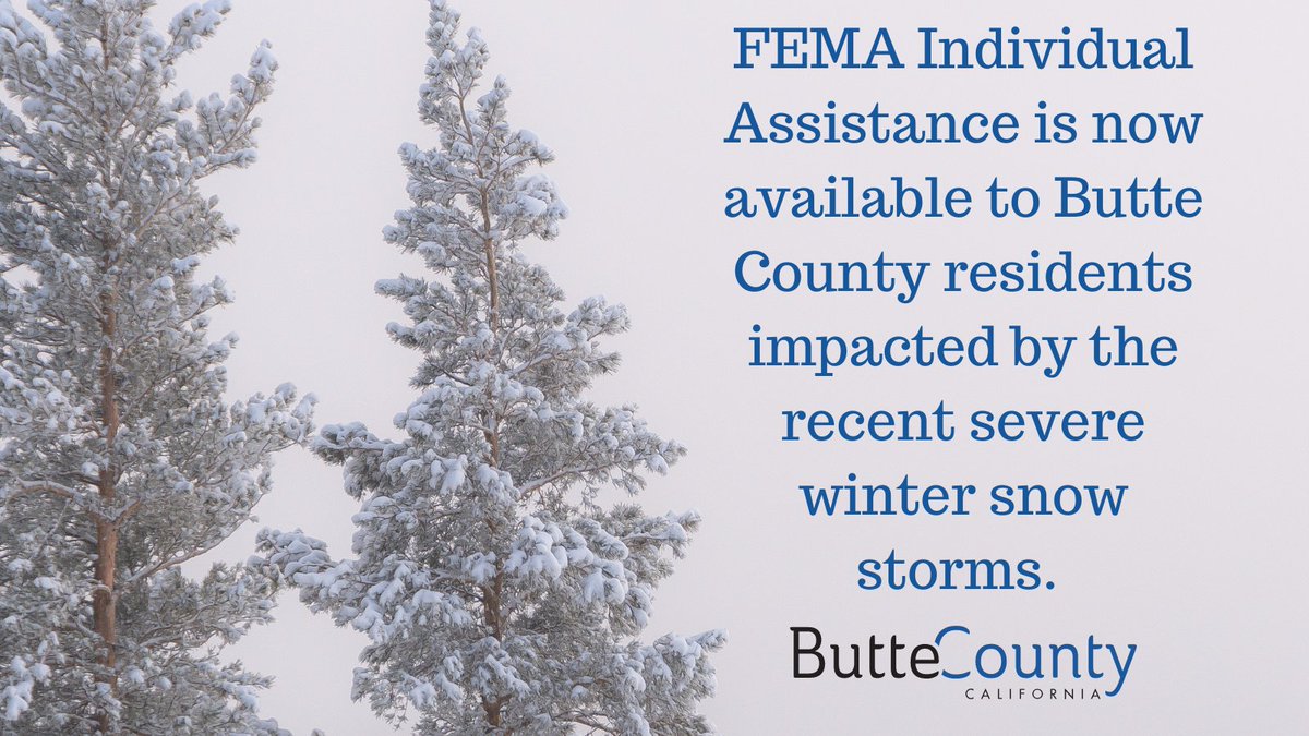 CountyofButte's tweet photo. Individual Assistance is available for individuals and homeowners who suffered damage to their homes or vehicles due to snow from winter storms. The deadline to apply for assistance is June 5, 2023. More Info: https://t.co/v6kaiMMsXN https://t.co/pL5aDZV1Hw