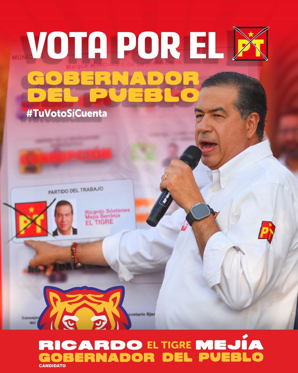 ¡𝗩𝗼𝘁𝗮 𝗽𝗼𝗿 𝗲𝗹 𝗣𝗧! Juntos lograremos tener un Gobernador del pueblo y para el pueblo. Que no te engañen, tu voto sí cuenta. <a href="/RicardoMeb/">Ricardo MejíaBerdeja</a>  #RicardoMejía #TuVotoSíCuenta #GobernadorDelPueblo #VotaPT #VotaTigre