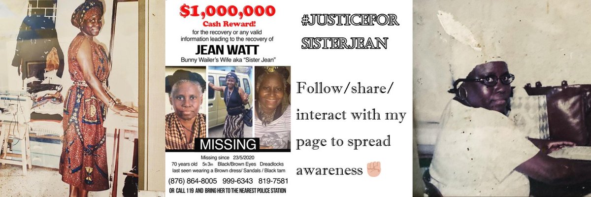 The Reggae Legend, Bunny Wailer's spouse, Sister Jean's (AKA Jean Watt) is missing. She has been missing since May 2020, kingston, Jamaica. Please follow my pages (you can find on my profile) and view my latest vids to be informed #JUSTICEFORSISTERJEAN #MissingPersonAlert https://t.co/cAn5H5aSSV