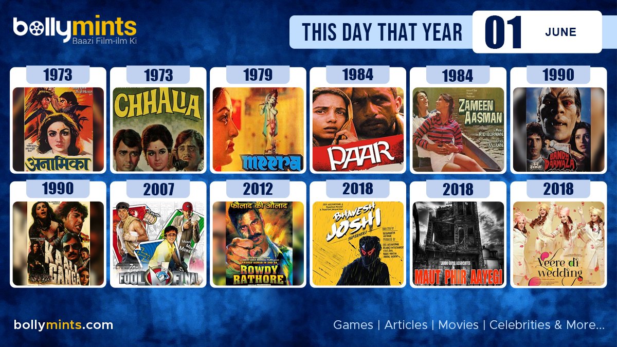 BollyMints's tweet photo. Here are the few #BollywoodMovies released on this day. Stay tuned at https://t.co/ohKmuyqHCy for more #updates #ThisDayThatYear #1June #Anamika #Chhalia #Meera #Paar #ZameenAasmaan #KaaliGanga #FoolNFinal #RowdyRathore #BhaveshJoshiSuperhero #MautPhirAayegi #VeereDiWedding https://t.co/dv86JRBawS