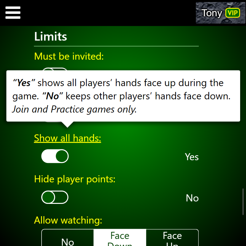 TricksterCards's tweet photo. Did you know you can play with all cards face-up? It's great for teaching friends your favorite card game. When setting up a "Join" game, go to "More Games / Rules", scroll down, and enable "Show all hands" to try it out. https://t.co/ses6aL0CZw