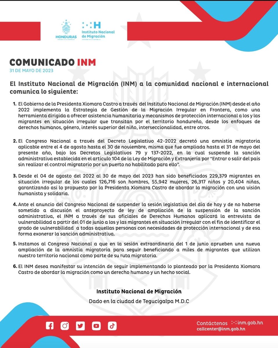 Siguiendo la visión de nuestra Presidenta @XiomaraCastroZ, de reconocer la migración como un derecho humano, el 1 de junio se identificarán los casos de vulnerabilidad  de migrantes en tránsito para exonerar del pago de la sanción administrativa.  @MigracionHND @aliceshackel