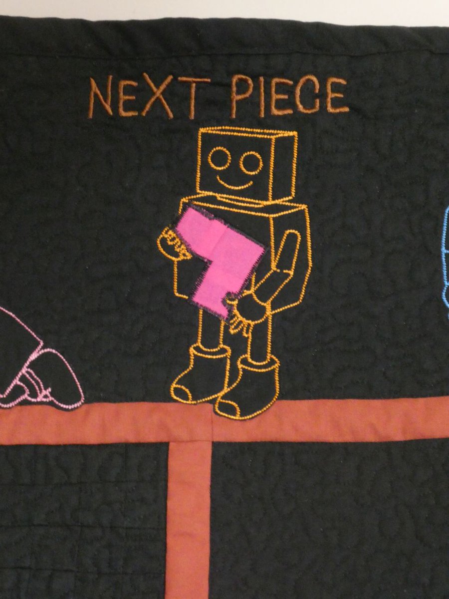 Here is my latest quilt i have made. I designed the robot in blender 3d, posed it into the way i wanted them then took the photos into embroidery software and turned them into robots i could sew out on the embroidery machine