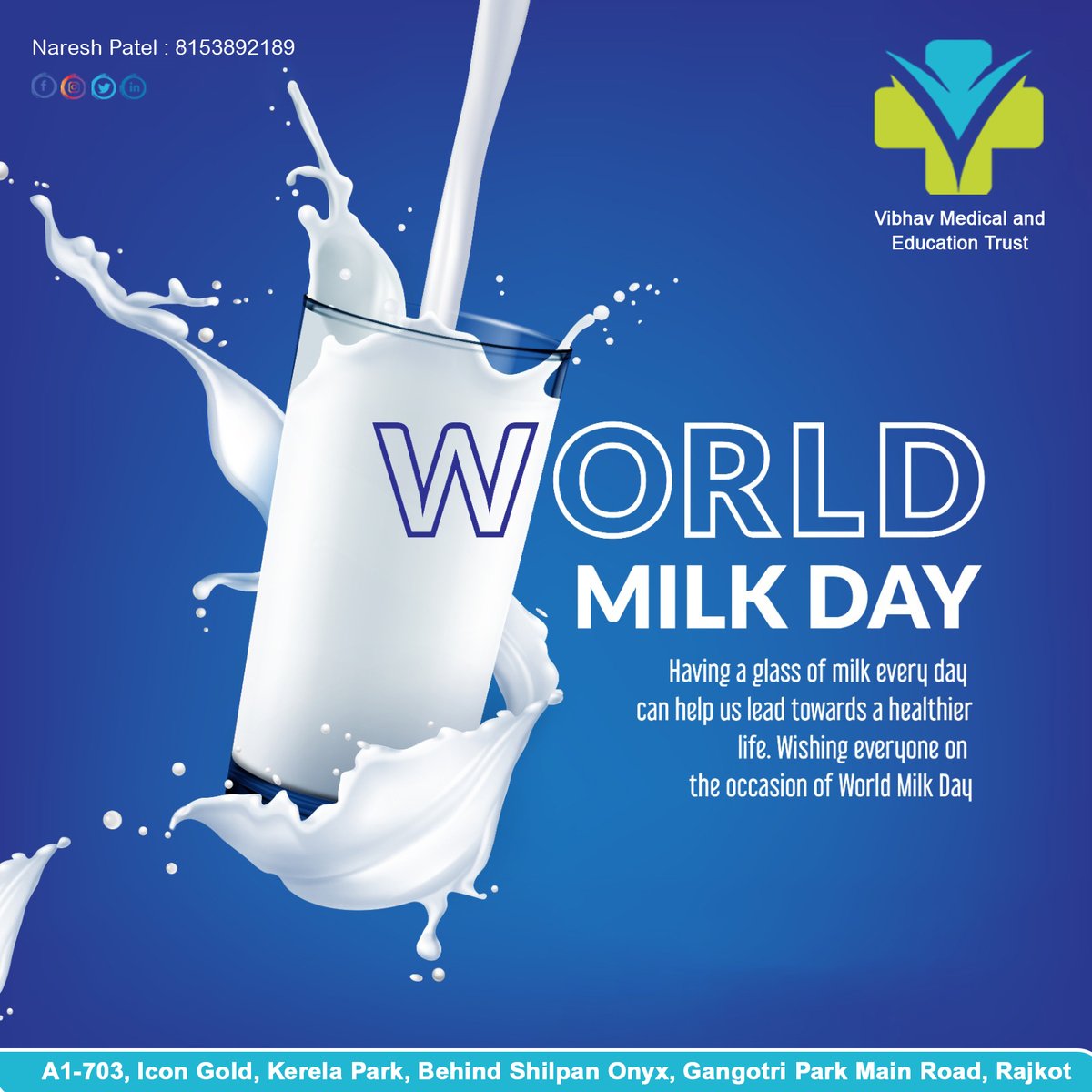 World Milk Day

#Milkday #WorldMilkDay #Milk #vibhavmedical #education #trust #NGO #blood #bank #charity #nonprofit #donate #socialwork #Donation #bloodbank #volianter #bloodtest #thalassemia #believe #peace #morbi #rajkot #gujarat #IndianaJones