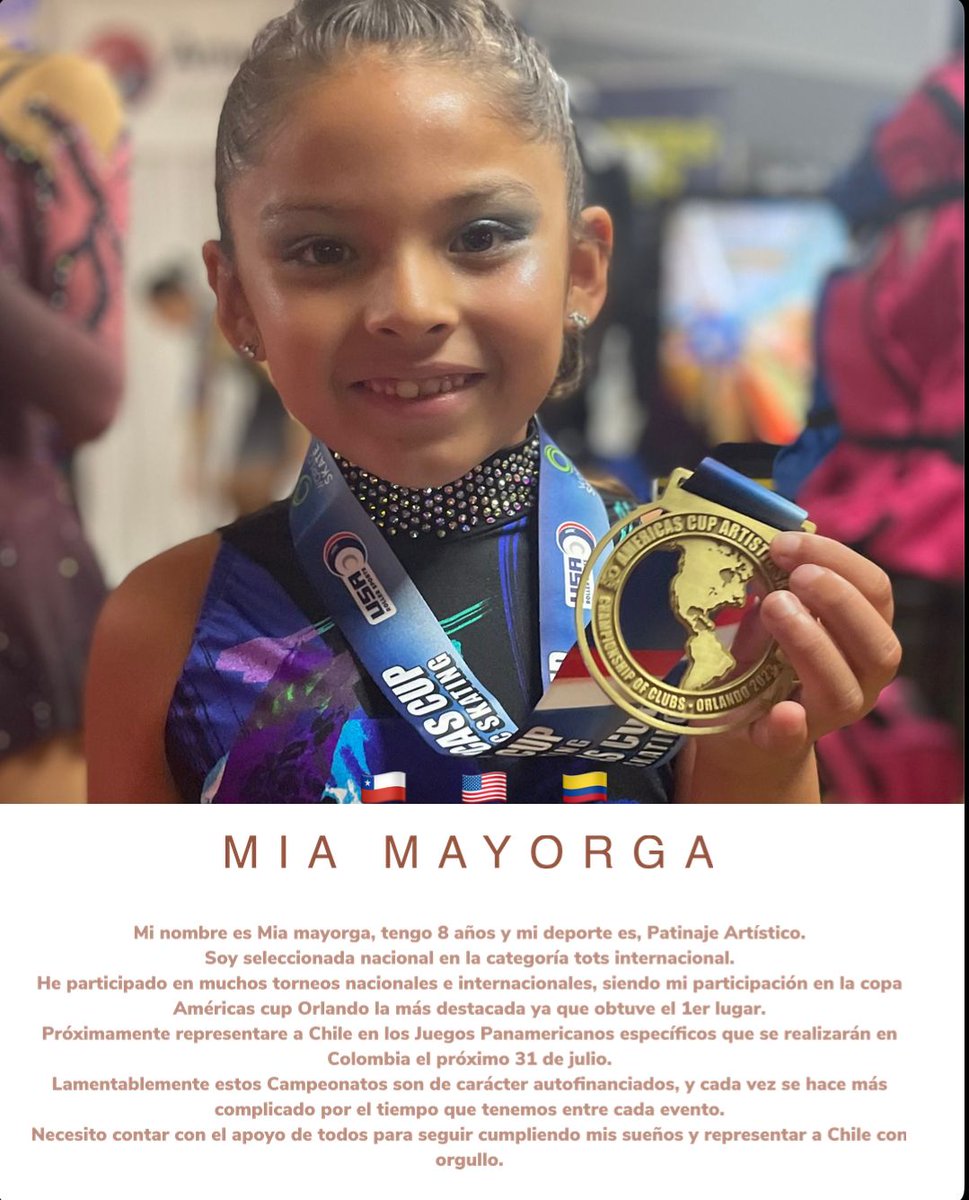 contreras_vv's tweet photo. Les presento a Mia tiene 8 años y es 1 d las 3 seleccionadas Nacionales d su categoría.Ella deb viajar 🇨🇴 a  a representar a 🇨🇱 en los Panamericanos específicos. Lamentablemente db autofinanciar todo Buscamos fondos para q  pueda cumplir sus sueños y representar a🇨🇱 @aluksicc https://t.co/4c9R5vjMJB