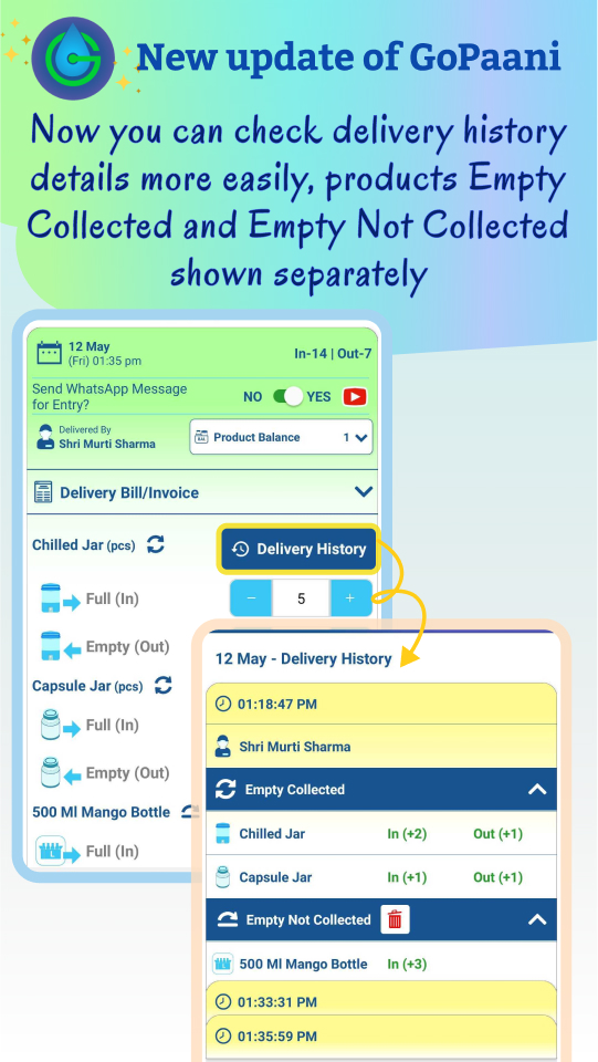 Now check delivery history details more easily! 
Download- Android- play.google.com/store/apps/det… 
iOS- apps.apple.com/in/app/gopaani…
#water #watermanagement #watersupply #business #deliverymanagement #deliveryservice #delivery #milk #जल #दूध #fooddelivery #newspaper