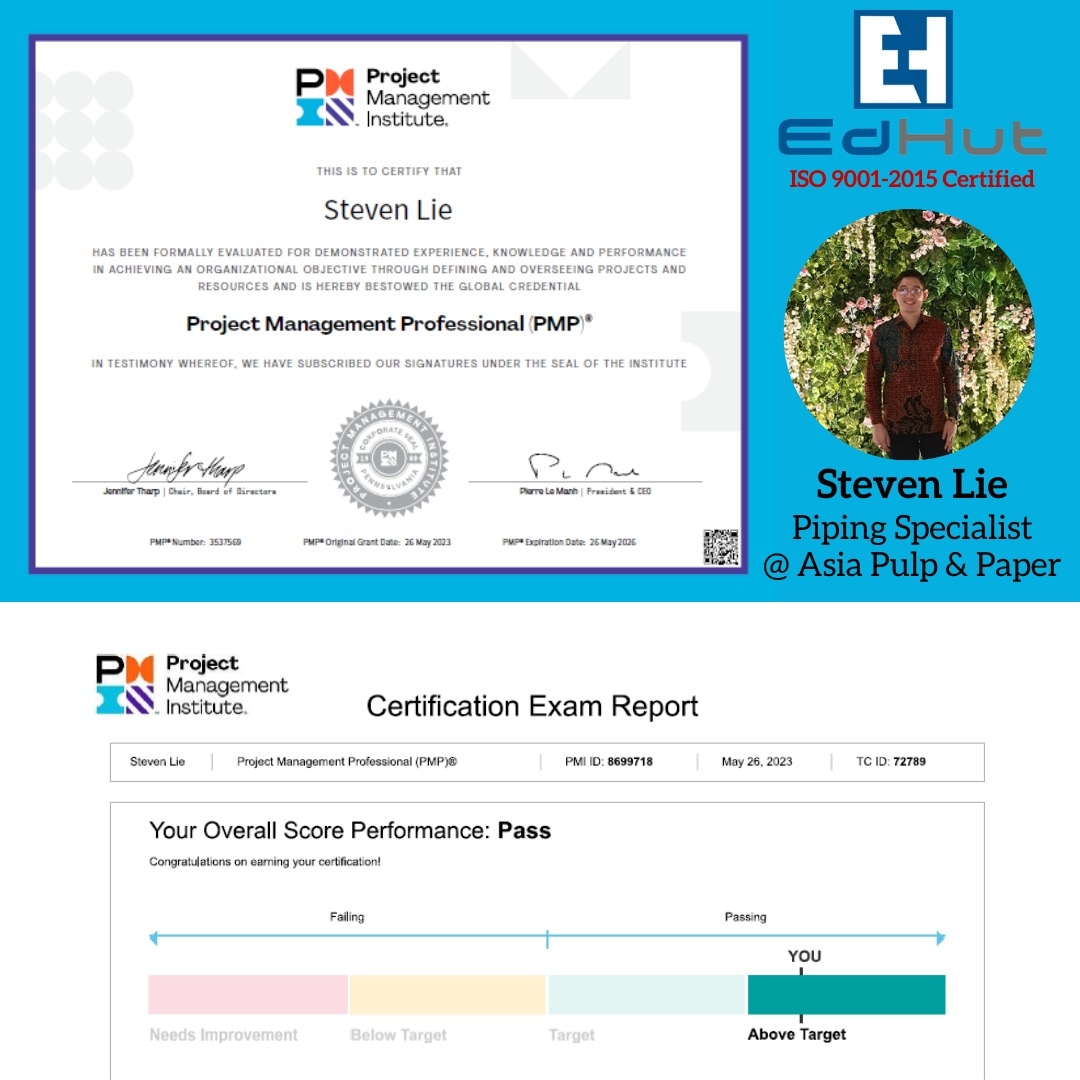 Team Edhut would like to CONGRATULATE Steven Lie on his well-deserved success as PMP certified professional as per New Exam Pattern by PMI with the above target result.
#pmptraining #pmpcertification #PMP #PMI #pmbok #35PDU #globalleaders #projectmanager