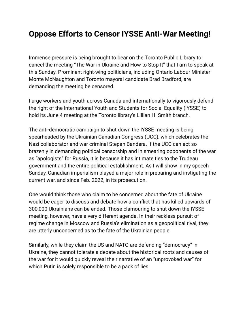 KJonesWSWS's tweet image. Immense pressure is being placed on the Toronto Public Library to cancel the “The War in Ukraine and How to Stop It” meeting that I am to speak at this Sunday. Right-wing politicians, including Ontario Labour Minister Monte McNaughton, are demanding the meeting be censored.