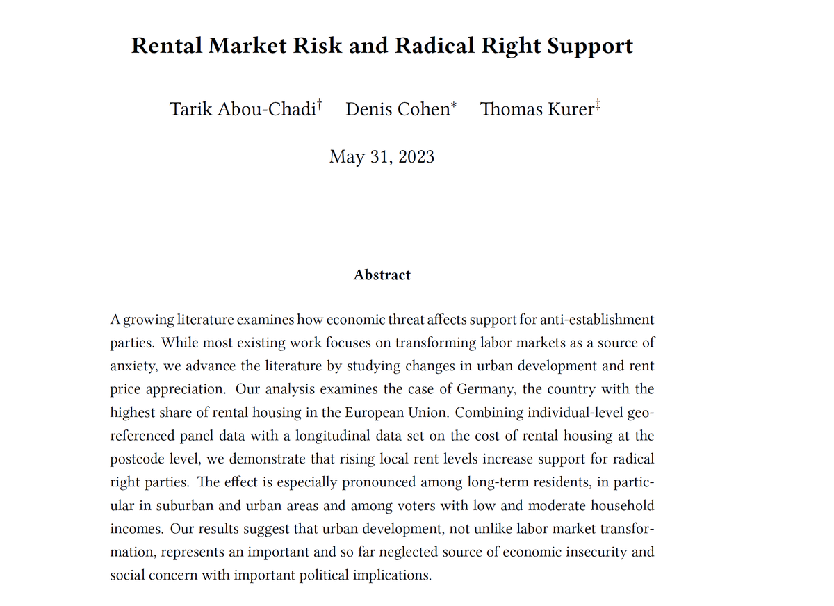 In a new working paper, @denis_cohen @thmskrr and I analyze how rental market risk affects electoral behavior. Combining data on rent developments with the SOEP, we find that individuals facing increasing local rents become more likely to support the radical right AfD. Short 🧵