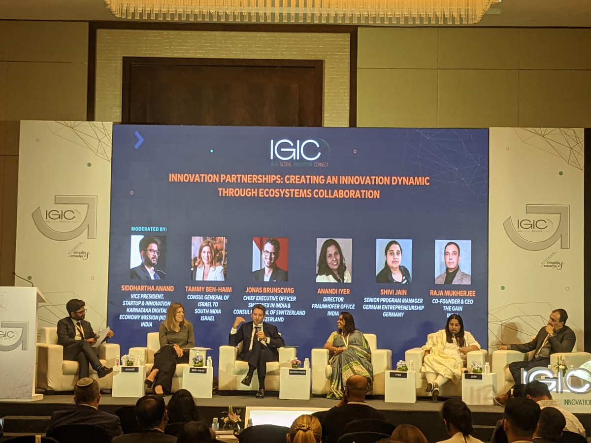 #IGIC panel: Ecosystem Collaboration for Innovation
Jonas Brunschwig, @SwissNexIndia; Anandi Iyer, @FraunhoferHHI; Shivi Jain, @GEntrepreneur_; Raja Mukherjee, @GainForStartups
Moderator: Siddhartha Anand, @karnatakaDEM
#startup #innovation #ecosystem #accelerator #collaboration