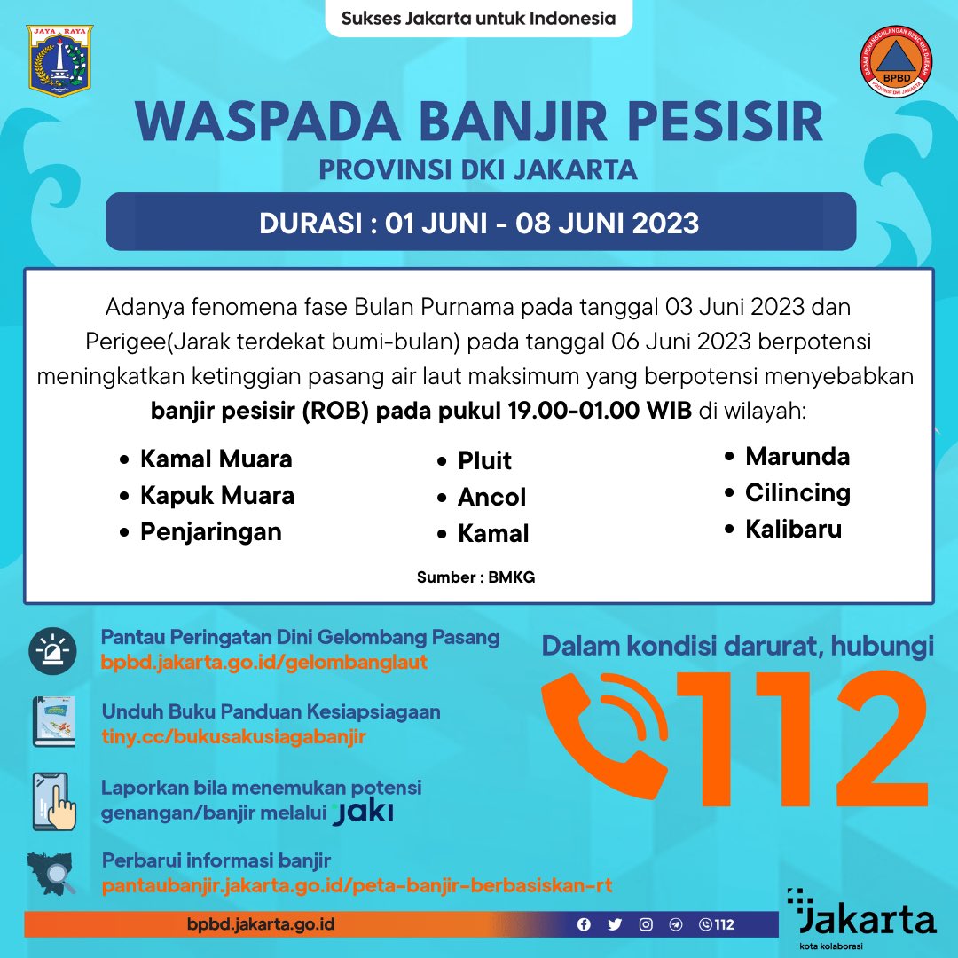 WASPADA BANJIR PESISIR
Durasi: 01 Juni s.d 08 Juni 2023

#PeringatanDiniJkt #GelombangAirLaut #SiagaTanggapGalang #dkijakarta #SuksesJakartauntukIndonesia