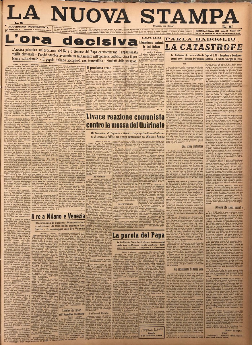 Montecitorio's tweet image. #2giugno 1946 – Italiani alle urne per scegliere tra Monarchia e Repubblica ed eleggere l'Assemblea Costituente.

La Repubblica otterrà il 54,27% dei voti, la Monarchia il 45,73%; alla Costituente si affermano i partiti di massa.

#FestadellaRepubblica 
#75Costituzione